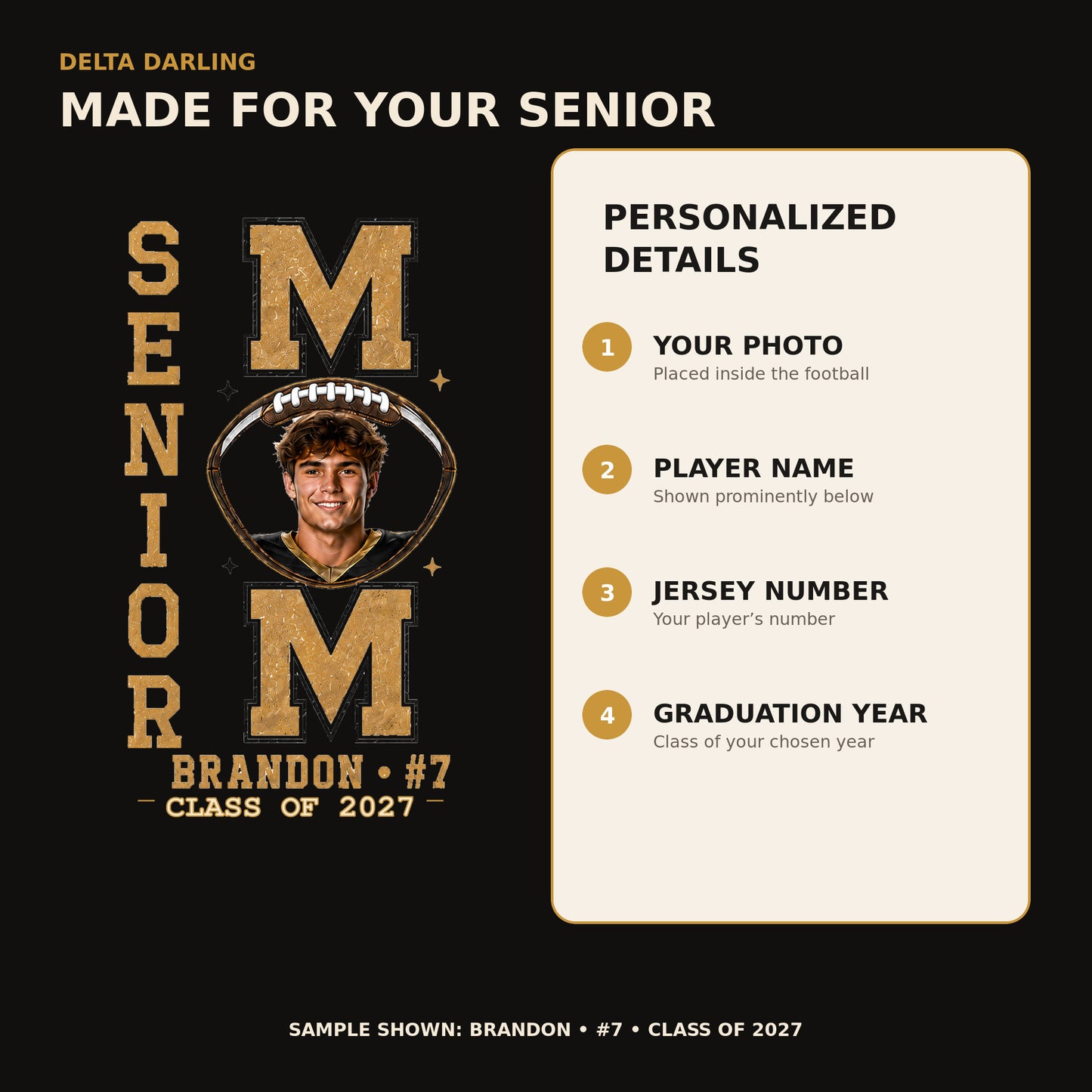 Custom Senior Football Mom Shirt - Personalized Player Photo & Number Jersey Graphic Tee