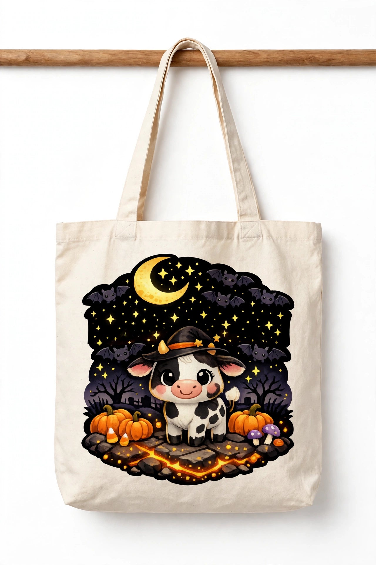 Halloween Cow Trick or Treat Bag - Cute Witch Cow Canvas Tote - Kids Halloween Candy Bag
