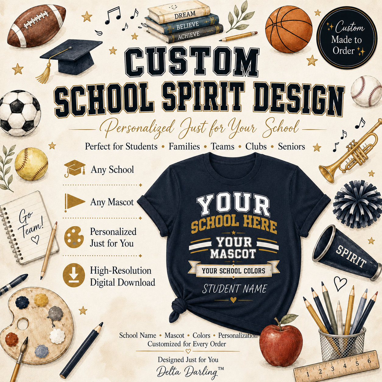 Custom School Spirit Design | Personalized PNG Download | Any School, Any Mascot