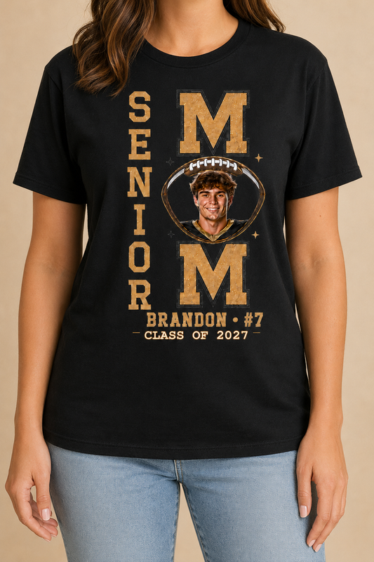 Custom Senior Football Mom Shirt - Personalized Player Photo & Number Jersey Graphic Tee