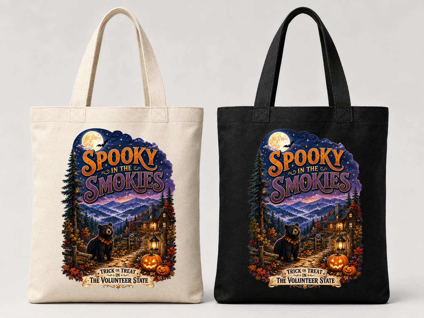 Spooky in the Smokies tote bag shown in natural and black canvas