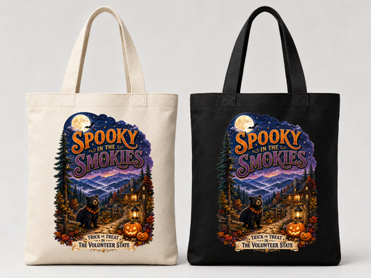 Spooky in the Smokies tote bag shown in natural and black canvas