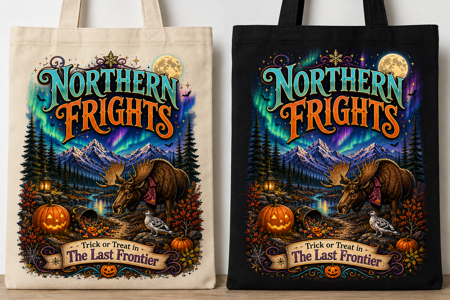 Northern Frights tote bag in natural and black canvas