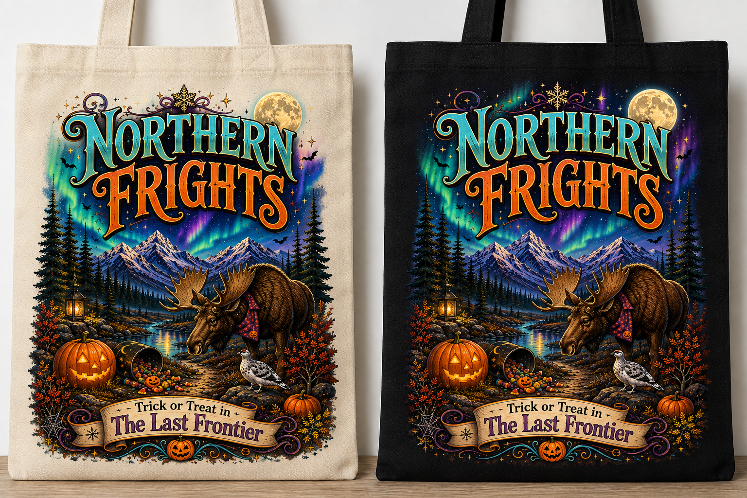 Northern Frights tote bag in natural and black canvas