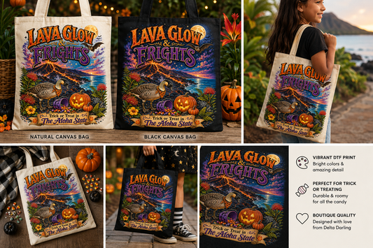 Lava Glow and Frights tote bag in natural and black canvas lifestyle mockup