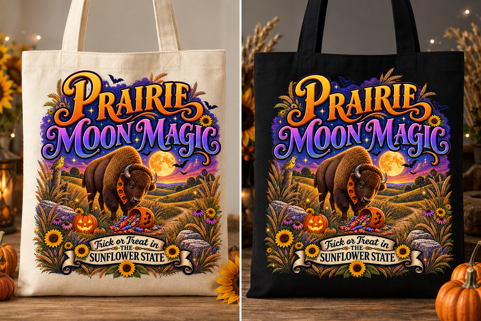 Prairie Moon Magic tote bag in natural and black canvas