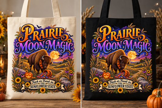 Prairie Moon Magic tote bag in natural and black canvas