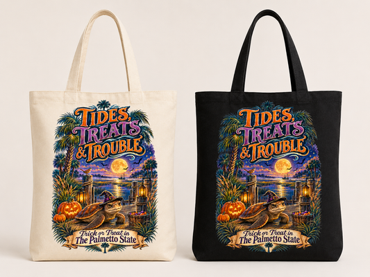 Tides Treats and Trouble tote bag in natural and black canvas