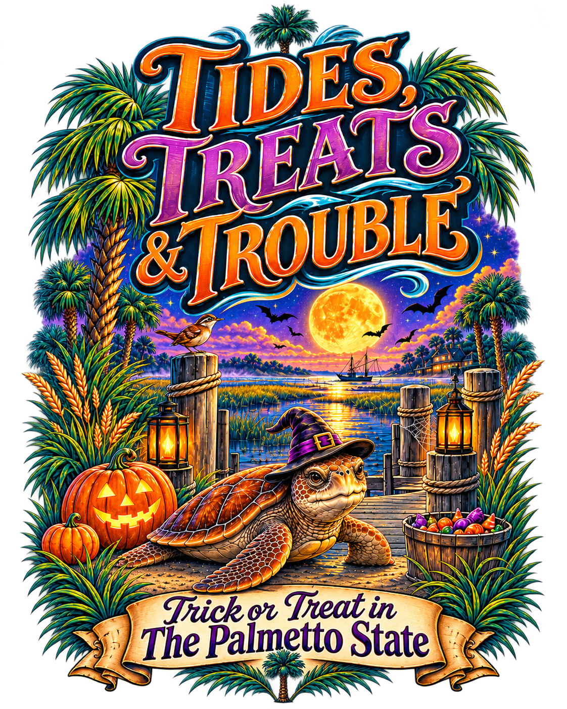 Tides Treats and Trouble graphic design close-up