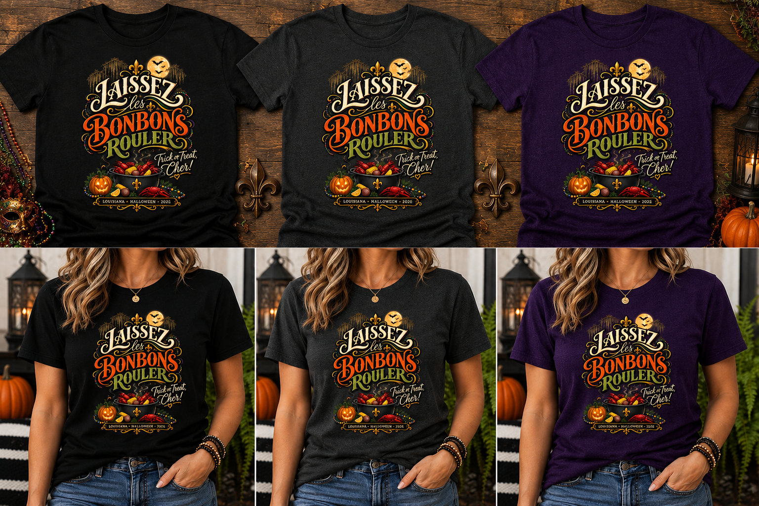 Laissez les Bonbons Rouler Louisiana Halloween Tee in Black, Charcoal, and Fan Dark Purple