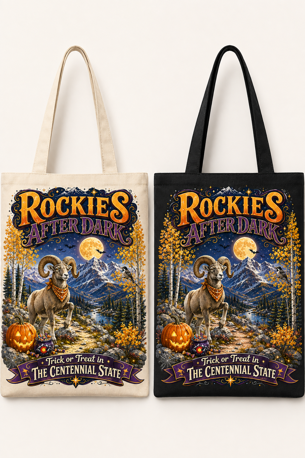 Rockies After Dark tote bag in natural and black canvas
