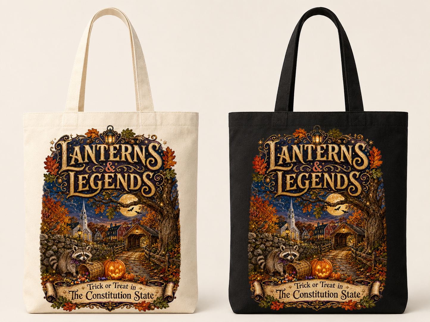 Lanterns and Legends tote bag in natural and black canvas