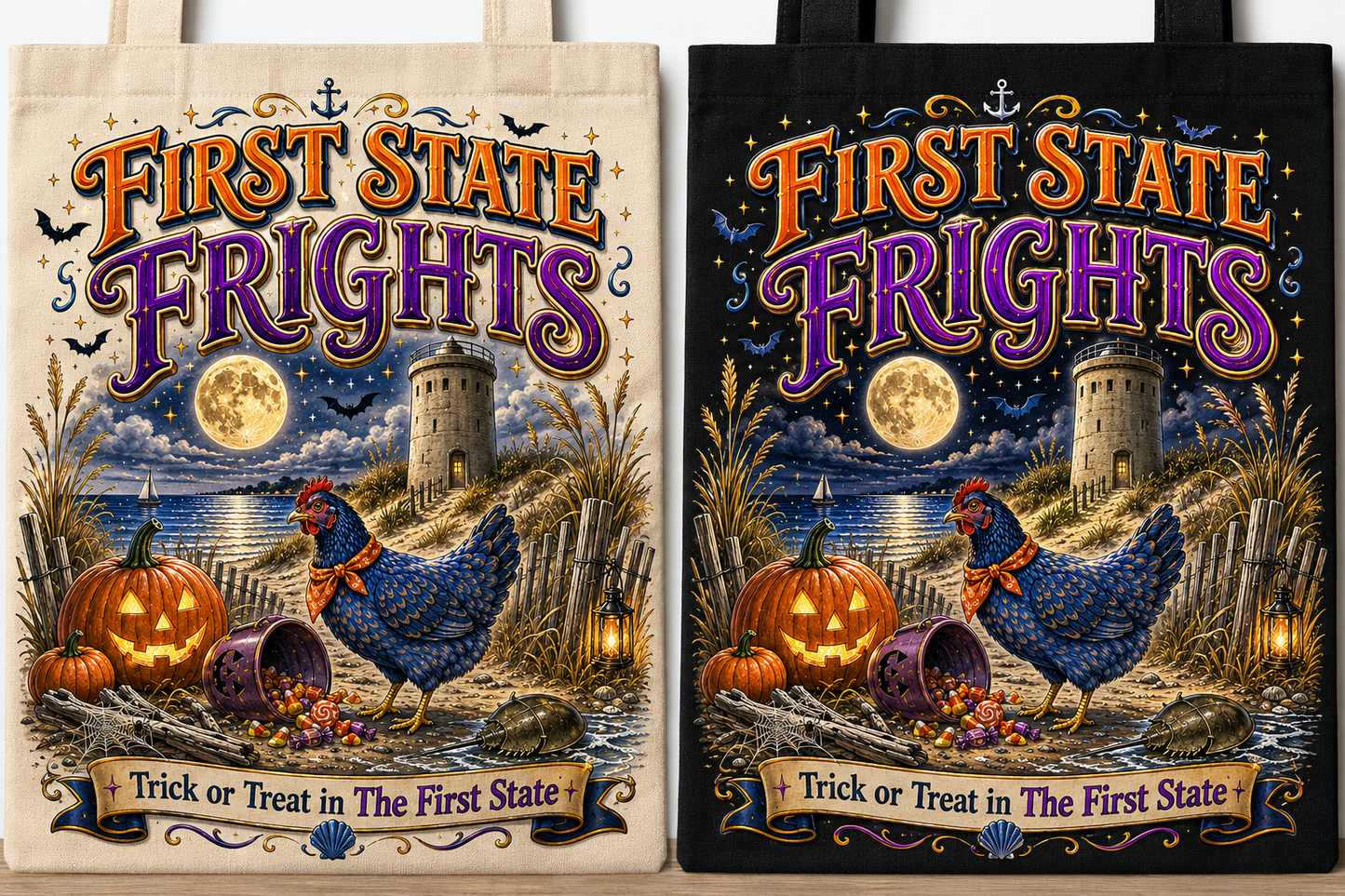 First State Frights tote bag in natural and black canvas