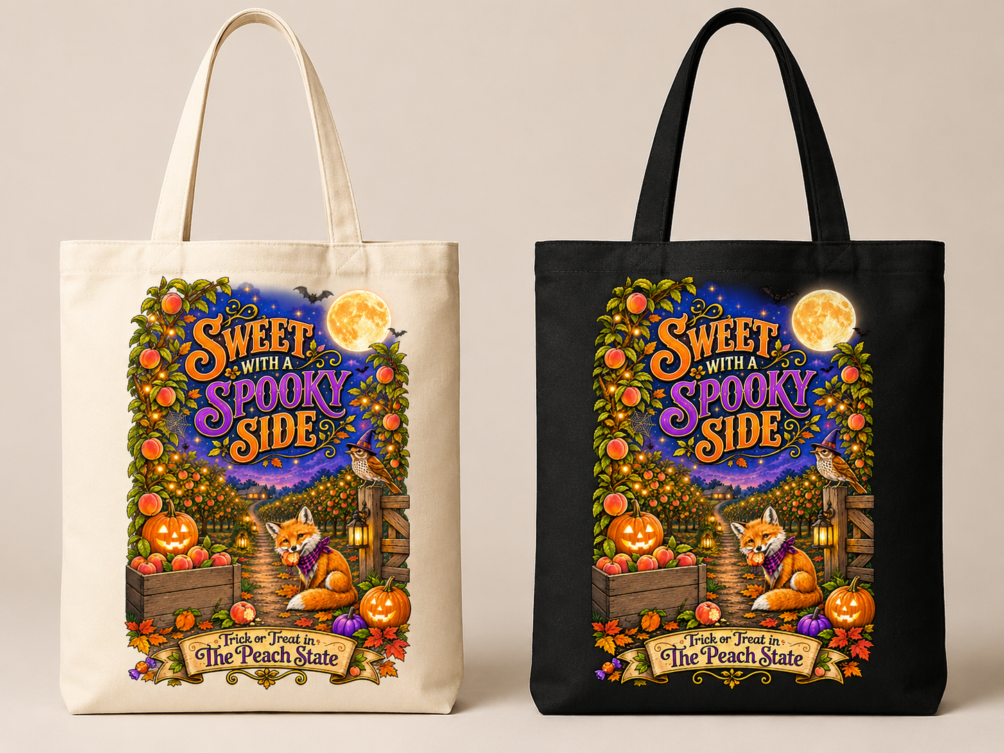 Sweet with a Spooky Side tote bag in natural and black canvas