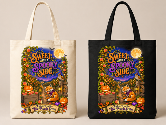 Sweet with a Spooky Side tote bag in natural and black canvas