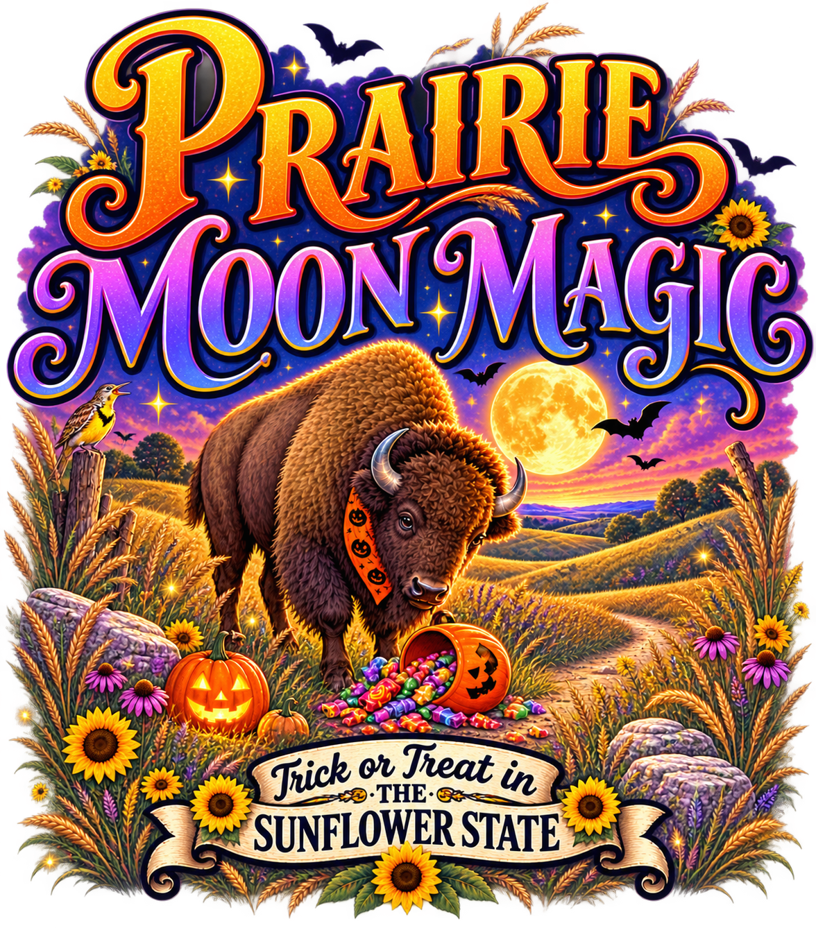 Prairie Moon Magic Sunflower State Kansas graphic design close-up