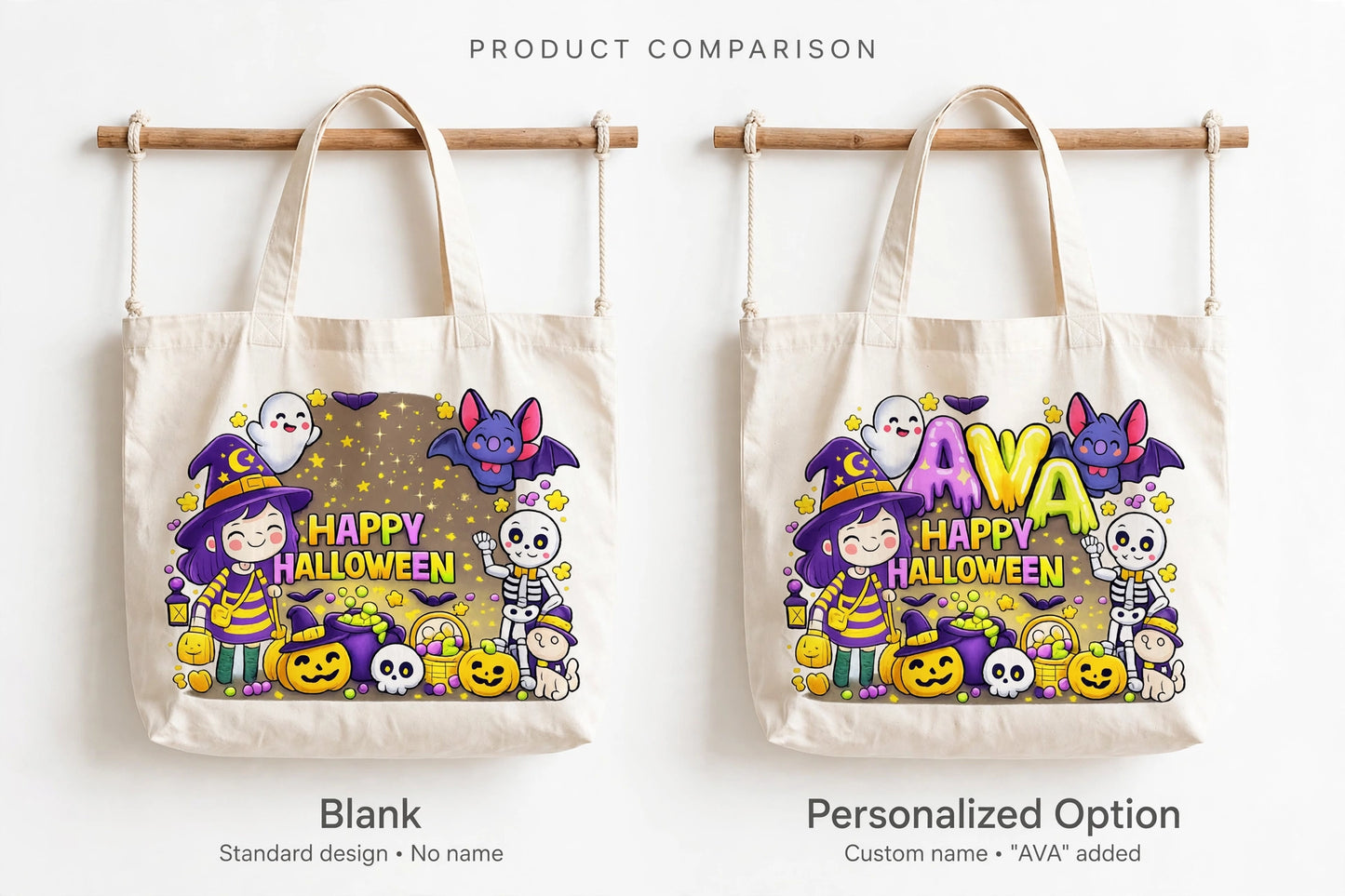 Halloween Witch Girl Trick or Treat Bag - Custom Name Halloween Canvas Tote - Kids Candy Bag