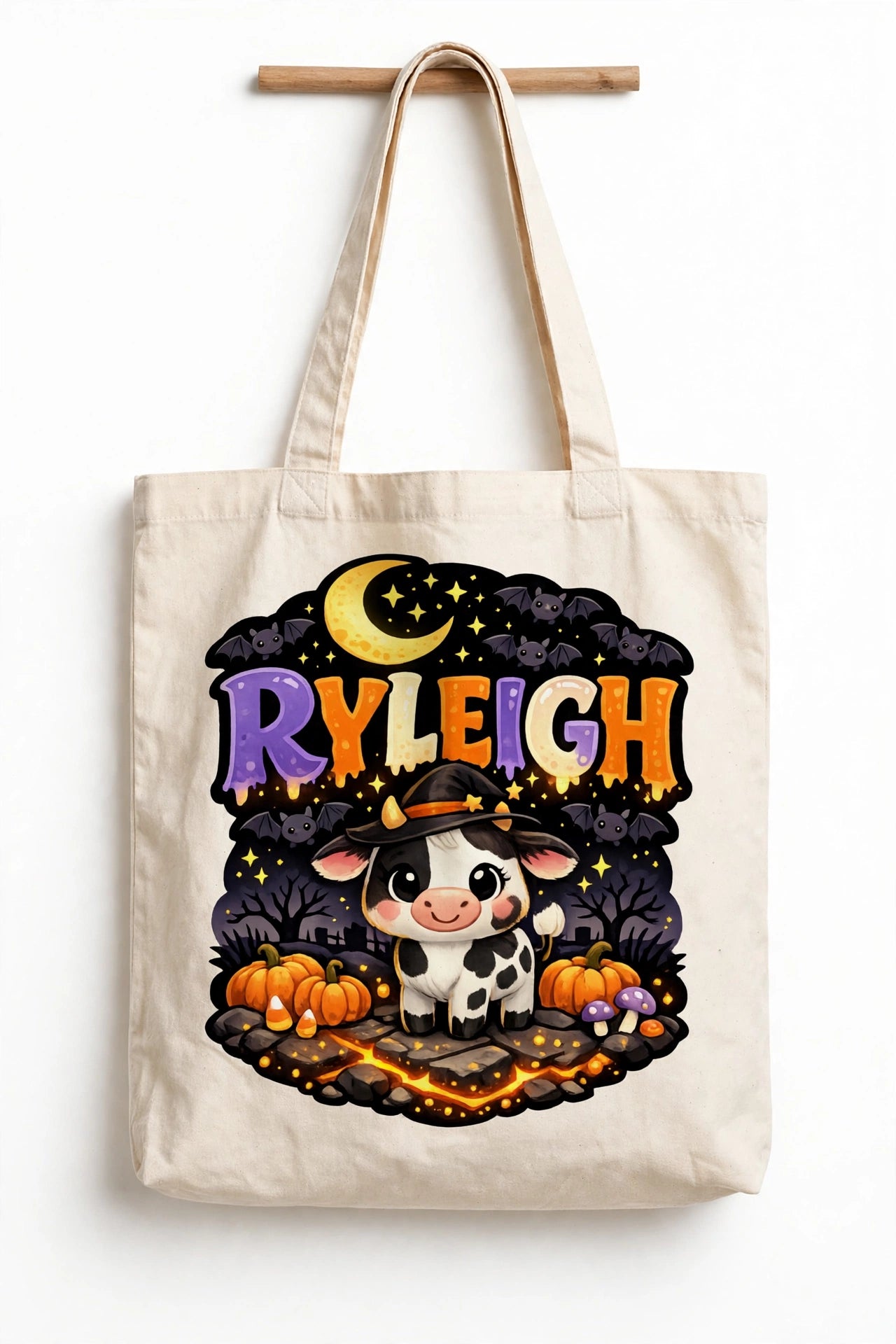 Halloween Cow Trick or Treat Bag - Cute Witch Cow Canvas Tote - Kids Halloween Candy Bag