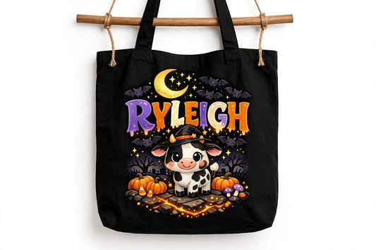 Halloween Cow Trick or Treat Bag - Cute Witch Cow Canvas Tote - Kids Halloween Candy Bag