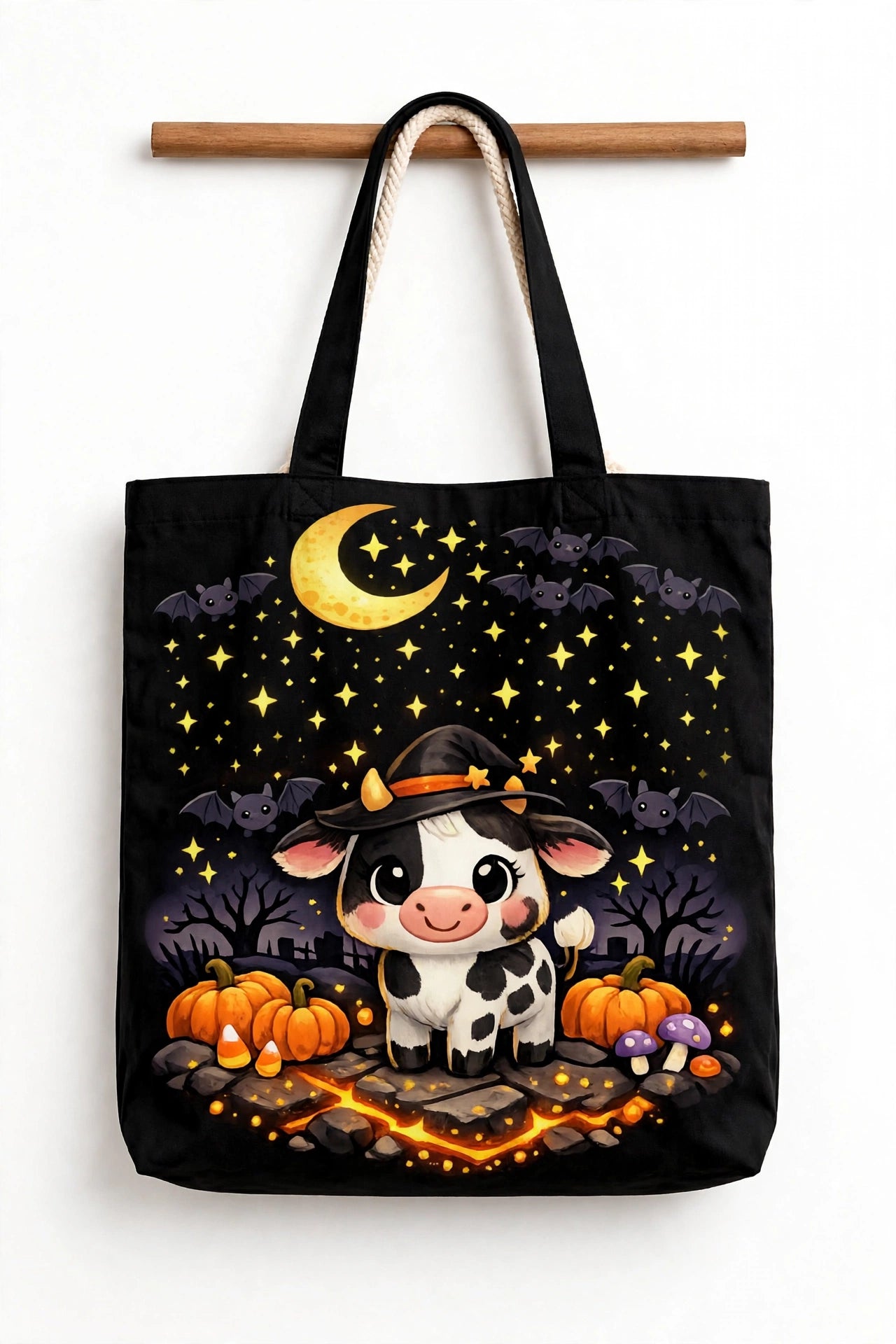 Halloween Cow Trick or Treat Bag - Cute Witch Cow Canvas Tote - Kids Halloween Candy Bag