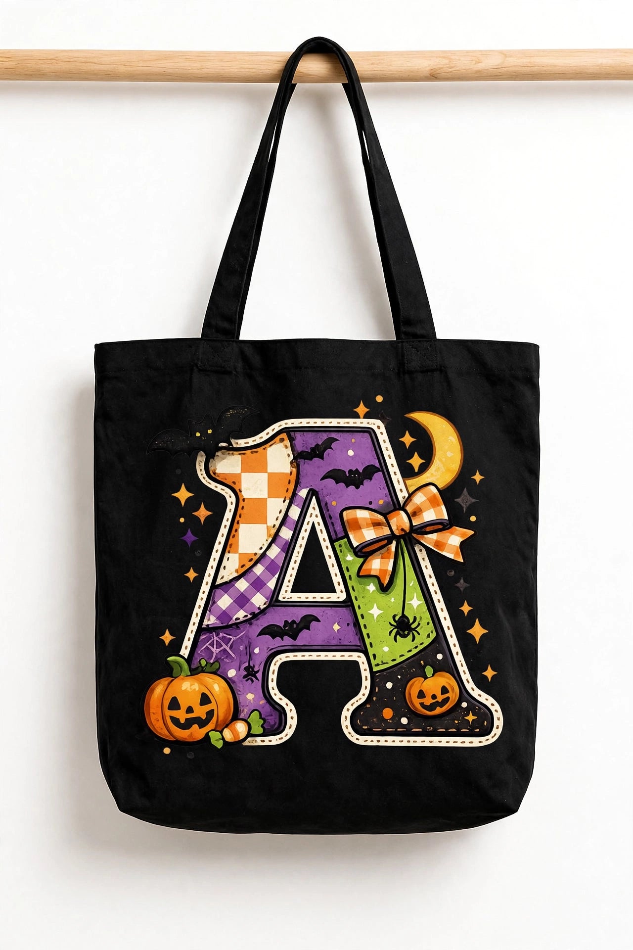 Halloween Monogram Trick or Treat Bag - Custom Initial Patchwork Letter Canvas Tote - Personalized Halloween Candy Bag