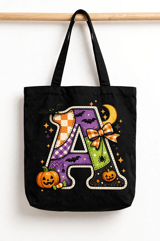 Halloween Monogram Trick or Treat Bag - Custom Initial Patchwork Letter Canvas Tote - Personalized Halloween Candy Bag