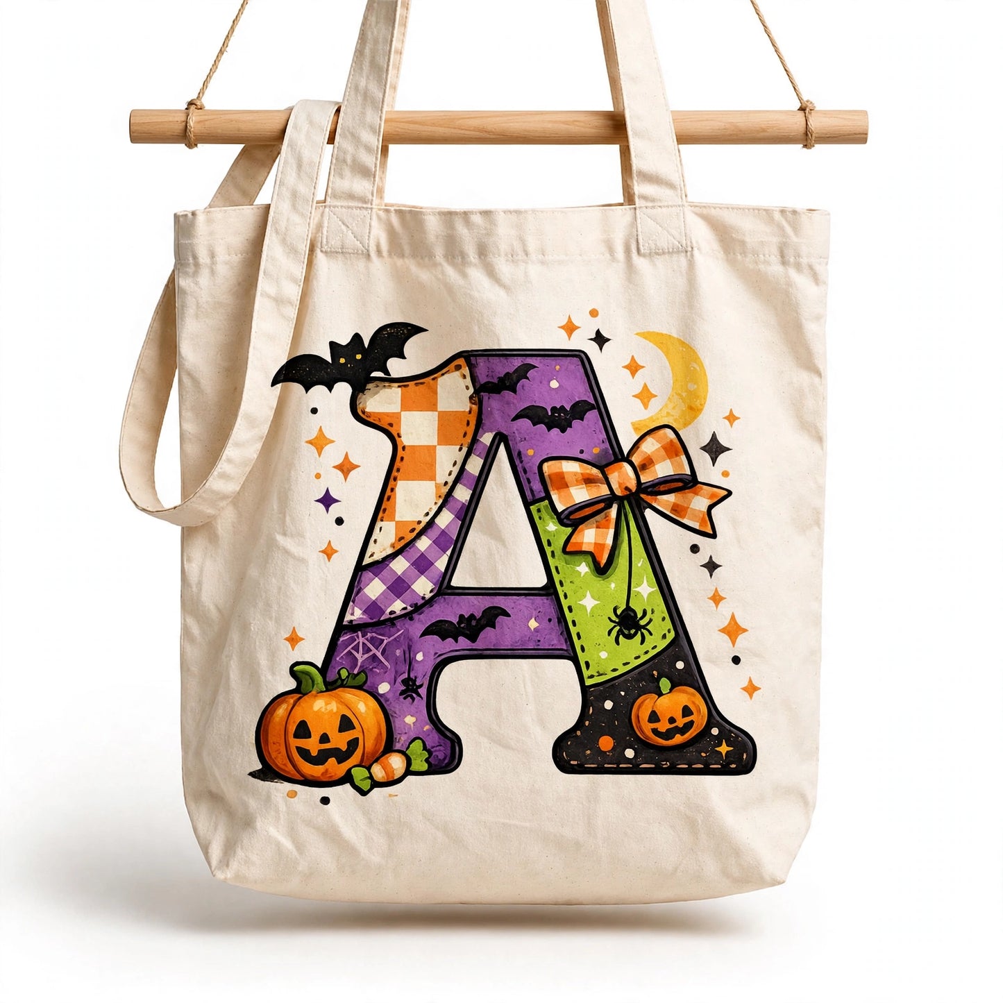 Halloween Monogram Trick or Treat Bag - Custom Initial Patchwork Letter Canvas Tote - Personalized Halloween Candy Bag